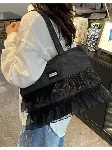 Borsa Tote in Tela Denim di Grande Capacità Con Volant in Pizzo Borsa a Tracolla Per Donne Studenti Casual Dolce Moda