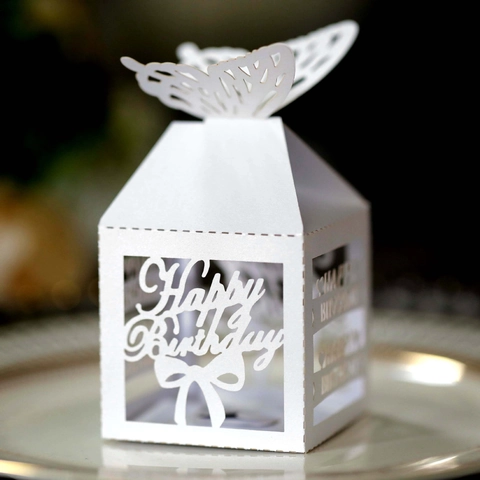 Laser Gesneden Vlinder Happy Birthday Snoepdoos Opengewerkt Parelmoer Papier Geschenkdoos Voor Verjaardag Feest Artikelen Verpakking Decor