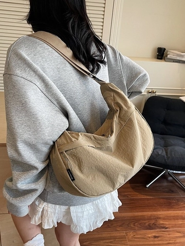 Women Large Capacity Nylon Hobo Bag Casual Commuter Crescent Crossbody Bag With Adjustable Strap Lightweight Solid Color Dumpling Shoulder Bag