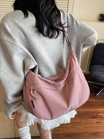 Women Large Capacity Nylon Hobo Bag Casual Commuter Crescent Crossbody Bag With Adjustable Strap Lightweight Solid Color Dumpling Shoulder Bag