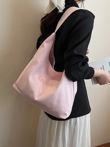Women Large Capacity Canvas Tote Bag Minimalist Letter Embroidery Shoulder Bag Casual Commuter School Fashion Hobo Handbag