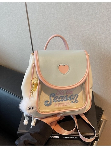 Mini Mochila de Cuero PU para Mujer Bordado de Corazón Dulce Pequeña Mochila con Colgante de Felpa para Viaje Escuela Bolsa de Moda