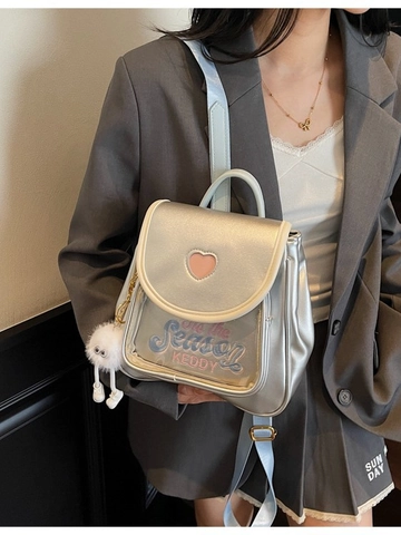 Mini Mochila de Cuero PU para Mujer Bordado de Corazón Dulce Pequeña Mochila con Colgante de Felpa para Viaje Escuela Bolsa de Moda