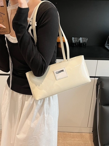 Borsa a Tracolla Minimalista in Pelle Verniciata PU per Donna Borsa Sottobraccio Lucida con Patch Lettera Chiusura a Cerniera