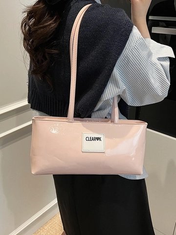 Borsa a Tracolla Minimalista in Pelle Verniciata PU per Donna Borsa Sottobraccio Lucida con Patch Lettera Chiusura a Cerniera