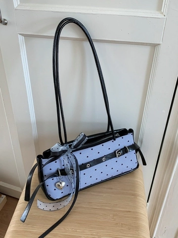 Women Sweet Heart Print Blue Striped Baguette Bag PU Leather Underarm Shoulder Bag With Bow Heart Pendant Fashion Purse