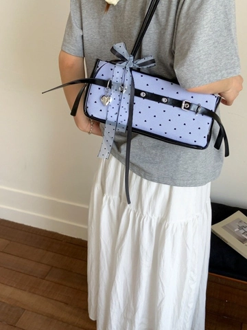 Women Sweet Heart Print Blue Striped Baguette Bag PU Leather Underarm Shoulder Bag With Bow Heart Pendant Fashion Purse