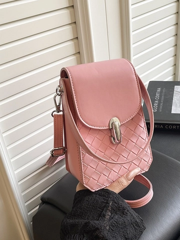 Damen Geflochtene PU Leder Umhängetasche Kleine Quadratische Handytasche Mit Silbernem Metallschloss Verstellbarer Schultergurt Alltagstasche