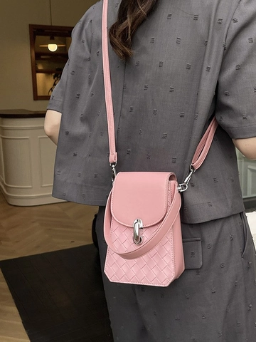 Damen Geflochtene PU Leder Umhängetasche Kleine Quadratische Handytasche Mit Silbernem Metallschloss Verstellbarer Schultergurt Alltagstasche
