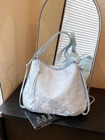 Large Capacity Women PU Leather Hobo Bag Floral Embroidery Shoulder Bag With Adjustable Strap And Drawstring Beads Vintage