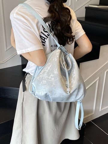 Large Capacity Women PU Leather Hobo Bag Floral Embroidery Shoulder Bag With Adjustable Strap And Drawstring Beads Vintage