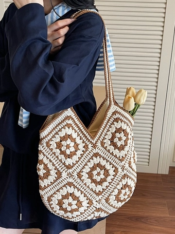 Böhmische Häkel-Strick-Tote-Tasche für Damen mit floralem Granny-Square-Design. Handgewebte Umhängetasche mit großer Kapazität für den Alltag.