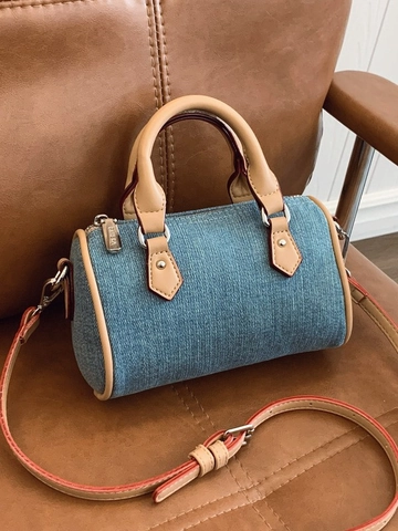 Women Vintage Denim Mini Boston Bag Fashion Cylindrical Shoulder Bag Casual Contrast Color Crossbody Handbag For Daily