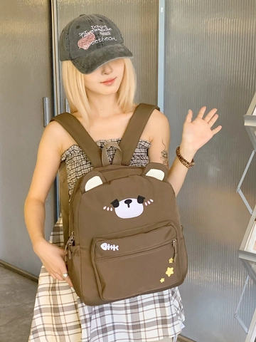Cute Cartoon Bear Embroidery Nylon Backpack Large Capacity Student School Bag Casual Brown Daypack For Girls Women