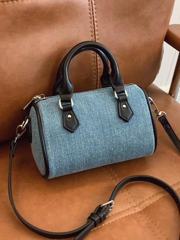 Women Vintage Denim Mini Boston Bag Fashion Cylindrical Shoulder Bag Casual Contrast Color Crossbody Handbag For Daily