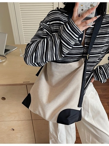 Large Capacity Canvas Tote Bag For Women Contrast Color Splice Shoulder Bag With Adjustable Strap Casual Hobo Bag Daily Work Bag