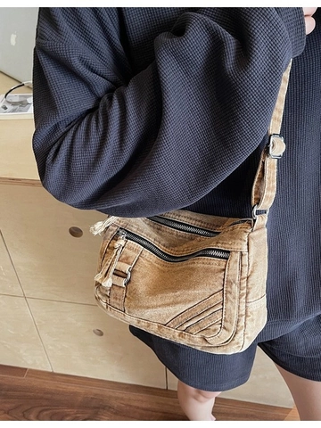 Vintage Washed Denim Crossbody Bag For Women Fashion Multi Zipper Utility Small Square Shoulder Bag Casual Daily Messenger Bag