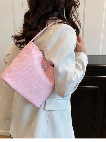Women Minimalist Pleated Canvas Shoulder Bag Ruched Bucket Underarm Bag Large Capacity Casual Tote Handbag Daily Travel