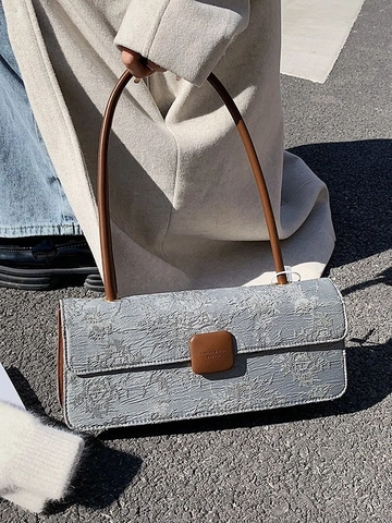 Vintage Jacquard Fabric Baguette Bag For Women PU Leather Trim Underarm Shoulder Bag Retro Floral Pattern Fashion Handbag