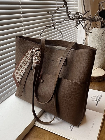 Große Kapazität Damen PU Leder Tote Bag Minimalistische Litschitextur Pendeln Schultertasche Mit Modischer Seidenschal Dekoration