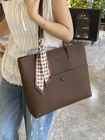Große Kapazität Damen PU Leder Tote Bag Minimalistische Litschitextur Pendeln Schultertasche Mit Modischer Seidenschal Dekoration