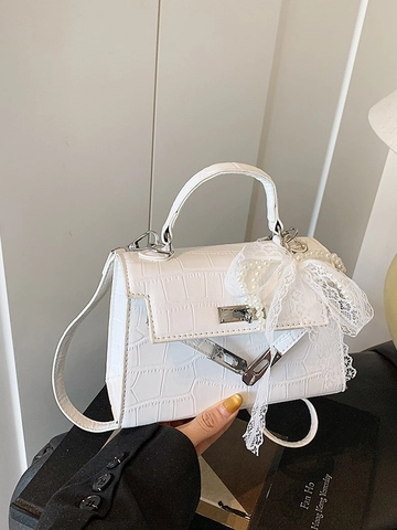 Elegante Dames Kleine Crossbody Tas Krokodillenpatroon PU Leer Handtas Met Kanten Parel Strik Hanger Mode Kelly Satchel