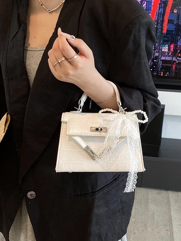 Elegante Dames Kleine Crossbody Tas Krokodillenpatroon PU Leer Handtas Met Kanten Parel Strik Hanger Mode Kelly Satchel