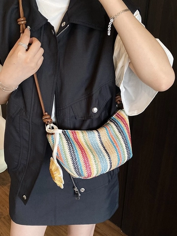 Women Casual Straw Woven Striped Shoulder Bag Summer Beach Vacation Underarm Dumpling Bag With Sunflower Charm Fashion Travel Bag