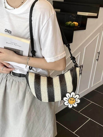 Women Casual Straw Woven Striped Shoulder Bag Summer Beach Vacation Underarm Dumpling Bag With Sunflower Charm Fashion Travel Bag
