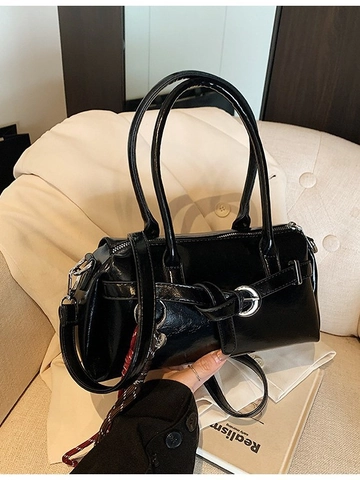 Women Retro PU Leather Boston Pillow Bag Large Capacity Glossy Crossbody Handbag Fashion Square Bag With Charm Solid Color