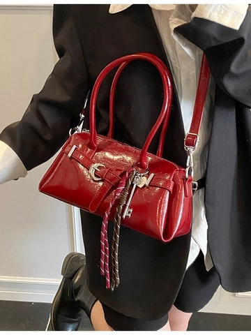 Women Retro PU Leather Boston Pillow Bag Large Capacity Glossy Crossbody Handbag Fashion Square Bag With Charm Solid Color
