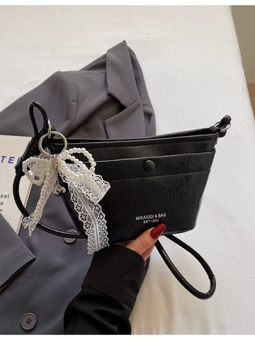 Korean Style Women Wrinkled PU Leather Crossbody Bag Fashion Sweet Bucket Bag With Artificial Pearl Lace Bow Pendant Shoulder Bag