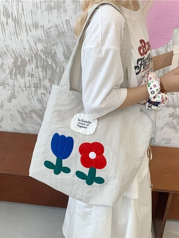 Cute Floral Canvas Tote Bag For Women Large Capacity Embroidered Tulip Preppy Shoulder Bag Ruffle Label Drawstring Shopping Bag