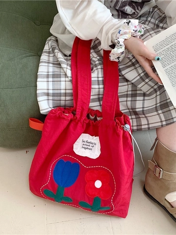 Cute Floral Canvas Tote Bag For Women Large Capacity Embroidered Tulip Preppy Shoulder Bag Ruffle Label Drawstring Shopping Bag