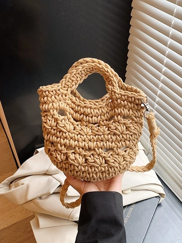 Women Handmade Knitted Bucket Bag Bohemian Crochet Beach Shoulder Bag Casual Hollow Out Woven Crossbody Bag For Vacation Summer