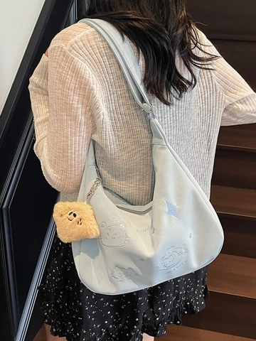 Large Capacity Cartoon Cat Embroidered Hobo Bag For Women Casual PU Leather Crossbody Bag With Adjustable Strap And Plush Pendant