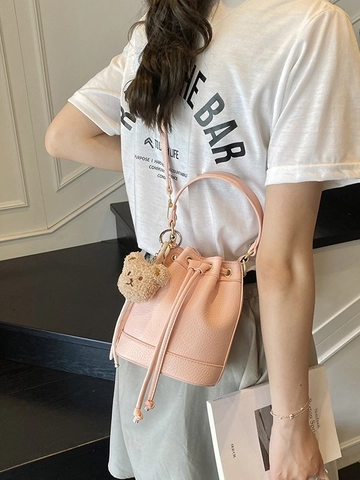 Women Fashion PU Leather Bucket Bag Stylish Pleated Drawstring Shoulder Crossbody Bag With Cute Bear Charm For Daily Use