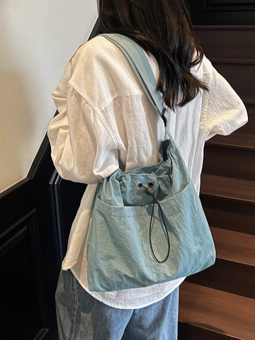 Damen Große Kapazität Stoff Beuteltasche Leichte Kordelzug Schulter Umhängetasche Casual Pendler Gefaltete Tote Handtasche