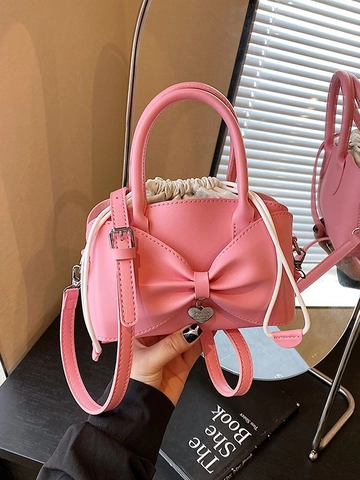 Vintage Women PU Leather Bowknot Bucket Bag Niche Design Drawstring Handbag Sweet Crossbody Shoulder Bag With Heart Pendant Purse