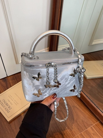 Women Butterfly Vanity Box Bag PU Leather Crossbody Shoulder Bag With Metal Handle And Chain Strap Stylish Commuter Handbag