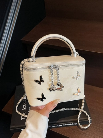 Women Butterfly Vanity Box Bag PU Leather Crossbody Shoulder Bag With Metal Handle And Chain Strap Stylish Commuter Handbag