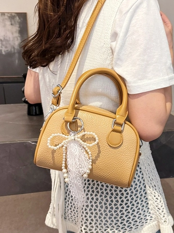 Women Boston Bag PU Leather Lychee Pattern Crossbody Bag With Artificial Pearl Lace Bow Charm Elegant Handbag Shoulder Bag