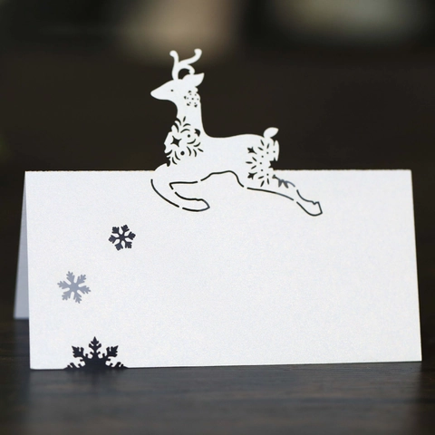 Tarjetas de Mesa Renno de Corte Láser Papel Perlado Copo de Nieve Tarjetas de Nombre para Boda Navidad Fiesta Decoración