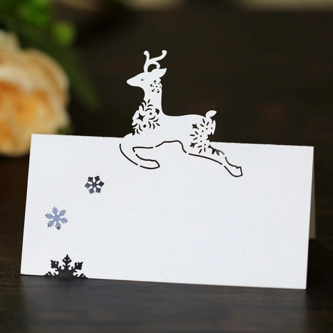 Tarjetas de Mesa Renno de Corte Láser Papel Perlado Copo de Nieve Tarjetas de Nombre para Boda Navidad Fiesta Decoración