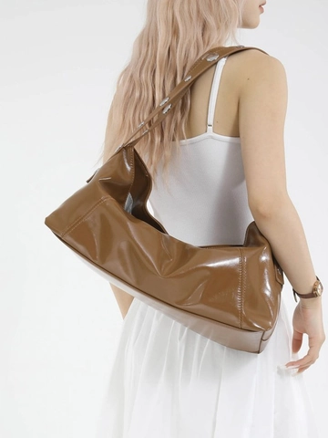 Women Shiny PU Underarm Bag Metal Rivet Hobo Dumpling Shoulder Bag Large Capacity Simple Fashion Work Commute Handbag