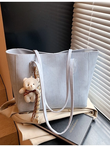 Borsa Tote Grande Capacità Motivo Coccodrillo Con Pendente a Orsetto Semplice in Pelle PU Borsa a Spalla Casual Pendolare Donna