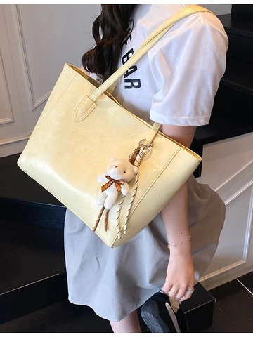 Borsa Tote Grande Capacità Motivo Coccodrillo Con Pendente a Orsetto Semplice in Pelle PU Borsa a Spalla Casual Pendolare Donna