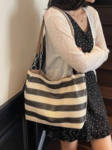 Women Large Capacity Straw Woven Tote Bag Contrast Stripe Summer Beach Shoulder Bag Chain Leather Strap Casual Hobo Bag