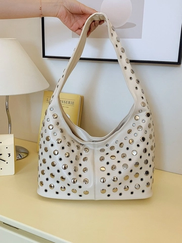 Women Punk Rivet Hobo Bag Large Capacity Underarm Shoulder Bag PU Leather Silver Studded Bucket Bag Streetwear Fashion