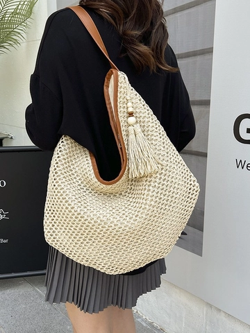 Handmade Large Straw Woven Tote Bag For Women Bohemian Style Shoulder Bag With Tassel Leather Strap Summer Beach Vacation